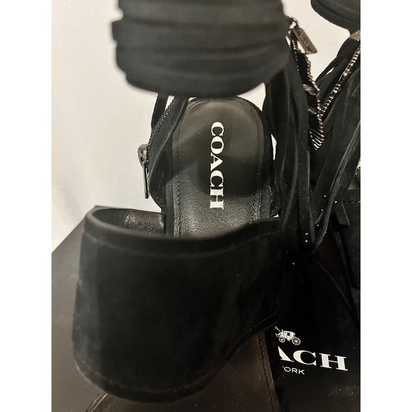 Coach Delaney Lux Suede Black Wedge Sandals Fringe Feather Charm BLK 9.5M - Picture 5 of 12